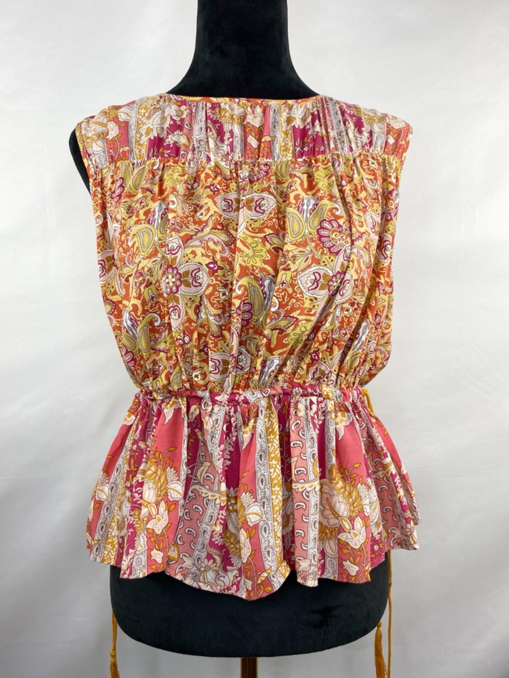 Anne Carson Paisley Peplum Top Tie Waist Pink Orange Boho Small